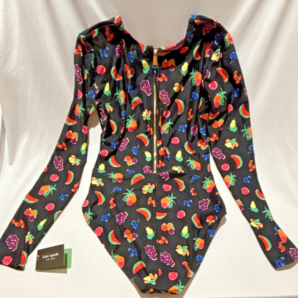 Kate Spade New York Fruit Print Long Sleeve Rash Guard Swimsuit Black S NWT